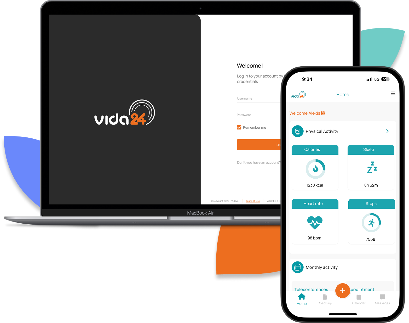 Vida24 app shown on laptop and mobile devices — remote monitoring dashboard and patient home screen